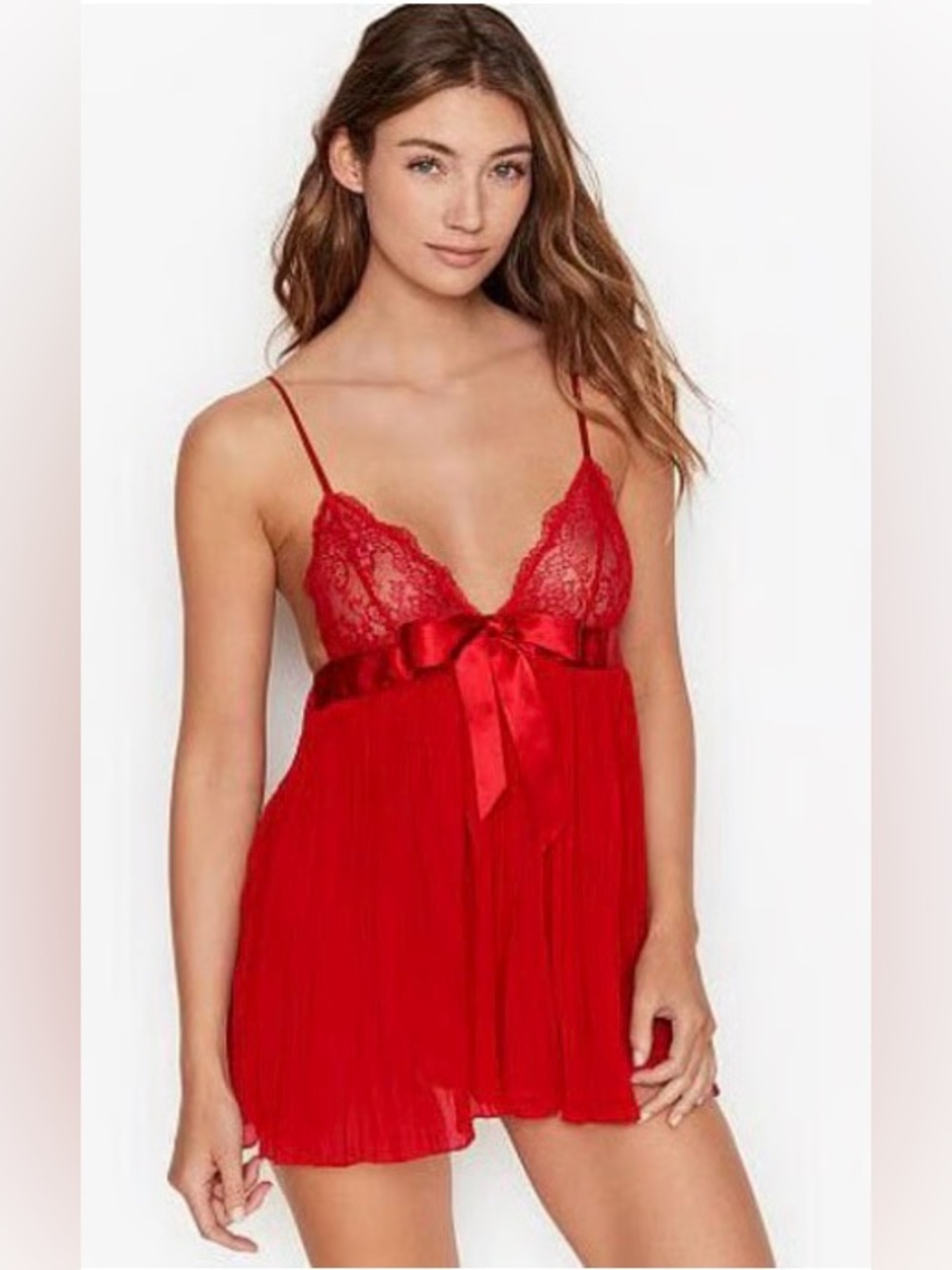 Victorias Secret Lipstick Lace Pleated Bow Babydoll Lingerie Mini Slip Dress